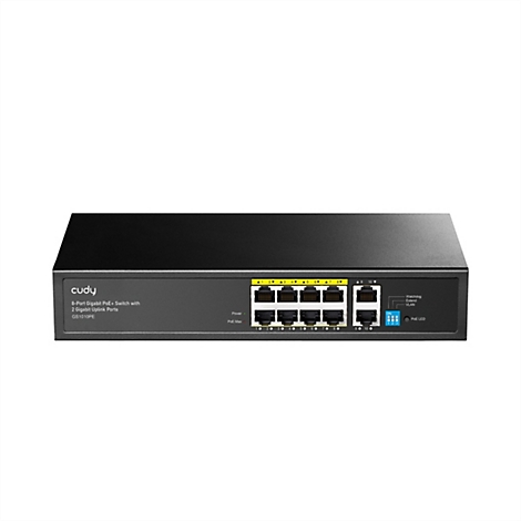 Cudy GS1010PE Netzwerk-Switch, 8 PoE+-Ports, 2 Gigabit-Uplinks, schwarz, Vorderseite vor weißem Hintergrund.