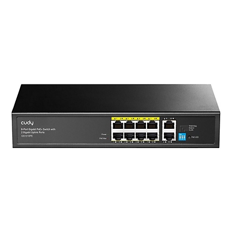 Schwarzer Cudy 8-Port Gigabit PoE+ Switch mit 2 Uplink-Ports und DIP-Schaltern auf weißem Hintergrund.