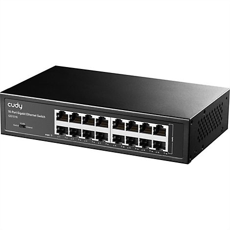 Schwarzer 16-Port Gigabit Ethernet Switch von Cudy Modell GS1016 mit VLAN-Schalter auf neutralem Hintergrund.