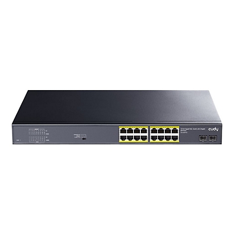 Schwarzer Cudy 16-Port Gigabit PoE+ Switch mit zwei SFP-Anschlüssen vor neutralem Hintergrund.