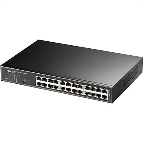 Schwarzer 24-Port Gigabit Ethernet Switch von Cudy Modell GS1024 mit Status-LEDs und Funktionsschalter.