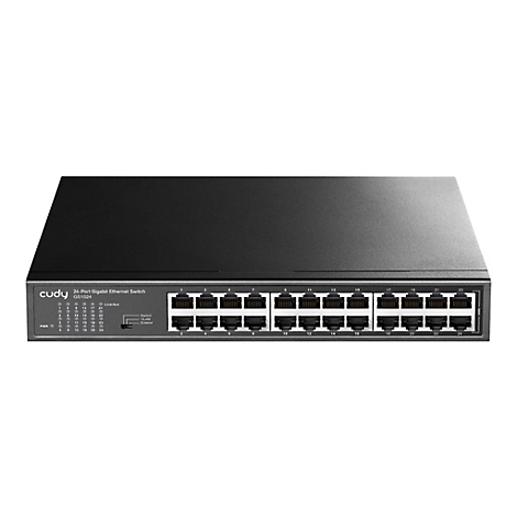Schwarzer 24-Port Gigabit Ethernet Switch von Cudy Modell GS1024 vor weißem Hintergrund.