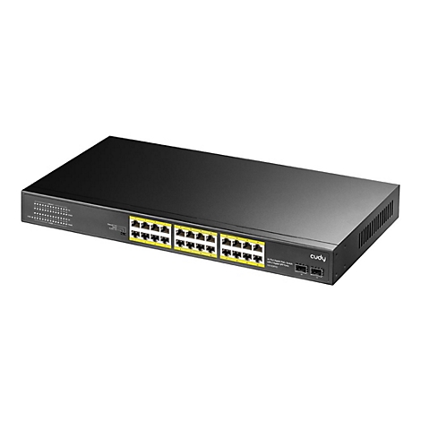 Schwarzer Cudy 24-Port Gigabit PoE+ Netzwerk-Switch mit 2 SFP-Ports vor weißem Hintergrund.
