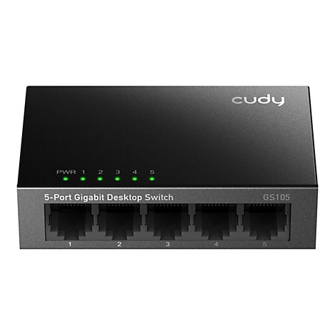 Schwarzer 5-Port Gigabit Desktop-Switch von Cudy mit fünf leuchtenden grünen LEDs.