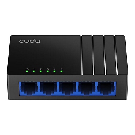 Schwarzer Netzwerkswitch von Cudy mit fünf Anschlüssen. Oben leuchten grüne LEDs, vorne blaue Ports.