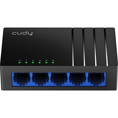 Schwarzer Cudy 5-Port Ethernet-Switch mit fünf blauen Anschlüssen und leuchtenden grünen Status-LEDs.