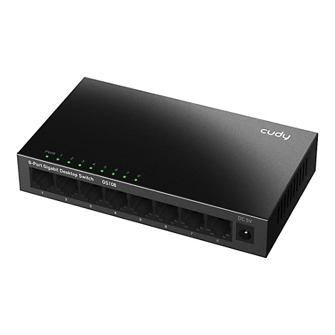 Schwarzer Cudy 8-Port Gigabit Desktop Switch auf weißem Hintergrund mit leuchtenden grünen Status-LEDs.