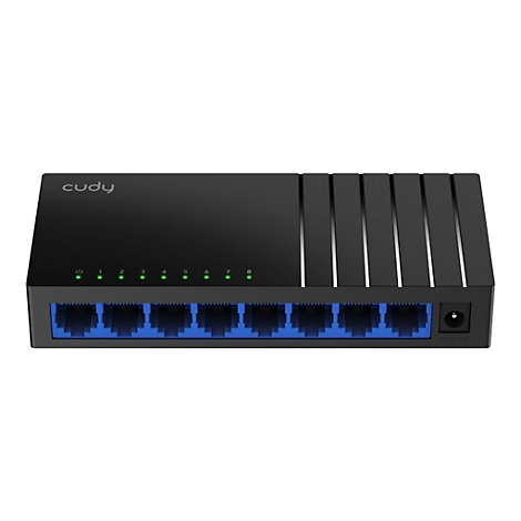 Schwarzer Cudy 8-Port Netzwerk-Switch mit blauen LAN-Anschlüssen und grünen Status-LEDs auf weißem Grund.