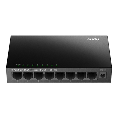 Schwarzer Cudy 8-Port Gigabit Light Managed Switch mit leuchtenden grünen LEDs auf weißem Hintergrund.
