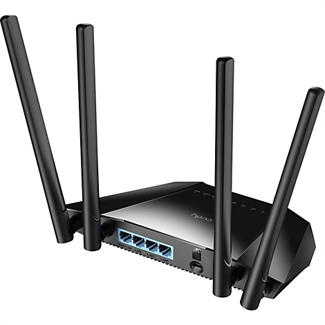 Schwarzer Cudy WLAN-Router mit vier externen Antennen und hellblauen LAN-Anschlüssen vor weißem Hintergrund.
