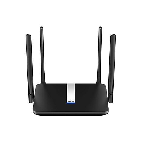 Schwarzer Cudy WLAN-Router mit vier externen Antennen und leuchtender Statusanzeige auf weißem Hintergrund.