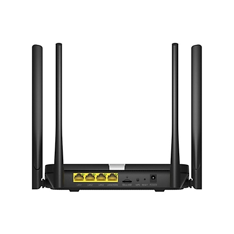 Rückseite eines schwarzen WLAN-Routers mit vier Antennen, LAN-Anschlüssen, SIM-Kartenslot und Stromanschluss.