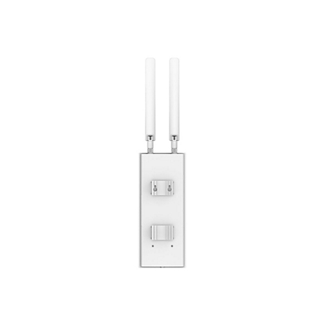 Weiße Rückseite eines WLAN-Access-Points mit zwei nach oben gerichteten Antennen und Montagevorrichtungen.