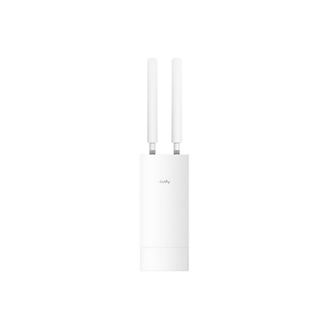 Weißer Cudy Outdoor-Router mit zwei externen Antennen vor neutralem Hintergrund.