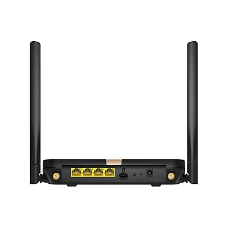 Rückseite eines schwarzen WLAN-Routers mit zwei Antennen und diversen Anschlüssen, darunter gelbe LAN-Ports.
