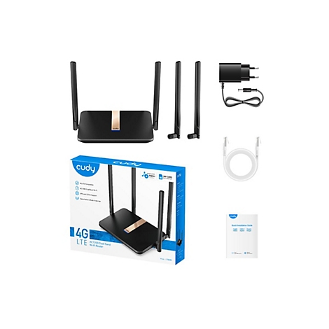 Cudy LT500D 4G LTE Router Set mit Router, abnehmbaren Antennen, Netzteil, Ethernet-Kabel und Kurzanleitung.
