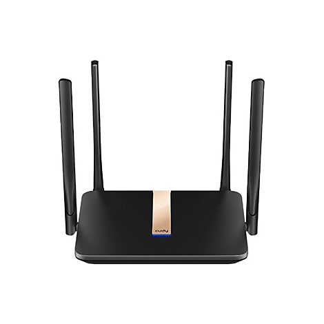 Schwarzer Cudy WLAN-Router mit vier Antennen und einem mittigen, goldfarbenen Akzentstreifen vor weißem Hintergrund.