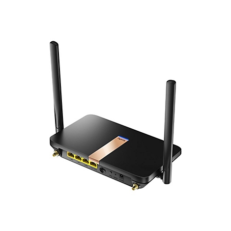 Schwarzer Cudy WLAN-Router mit zwei Antennen und goldfarbenem Akzent auf der Oberseite vor weißem Hintergrund.