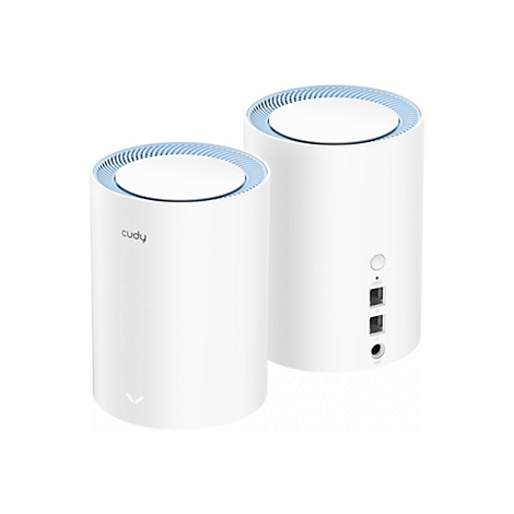 Zwei weiße, zylindrische Cudy WLAN-Router vor weißem Hintergrund.
