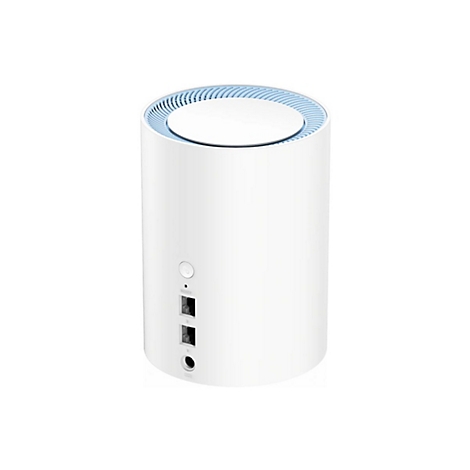Weißer zylindrischer WLAN-Router mit blauen Belüftungsschlitzen und Anschlüssen auf der Rückseite.