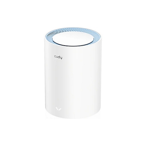 Weißer, zylinderförmiger WLAN-Router von Cudy mit blauem Akzent am oberen Rand vor neutralem Hintergrund.