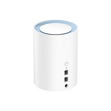Weißer, zylindrischer WLAN-Router mit hellblauen Lüftungsschlitzen an der Oberseite vor weißem Hintergrund.