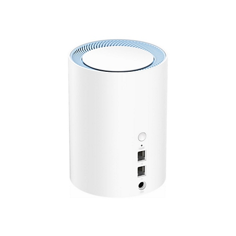 Weißer, zylinderförmiger WLAN-Router mit blauen Lüftungsschlitzen oben und Anschlüssen an der Rückseite.
