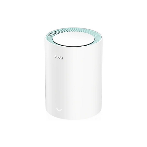 Weißer Cudy-Mesh-WLAN-Router in zylindrischer Form mit hellblauem Akzent oben auf weißem Hintergrund.