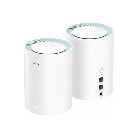 Zwei weiße, zylindrische Cudy WLAN-Mesh-Router vor weißem Hintergrund.