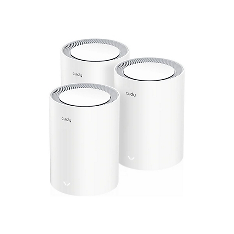Drei zylindrische, weiße Cudy WLAN-Router vor weißem Hintergrund.