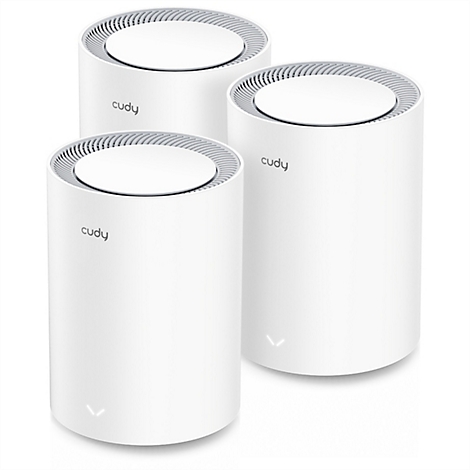 Drei zylindrische, weiße Cudy Mesh-Router auf hellem Hintergrund mit leuchtenden Statusanzeigen.