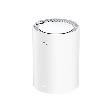 Weißer, zylinderförmiger Cudy WLAN-Router mit Lüftungsgitter oben und kleiner Status-LED unten vor weißem Hintergrund.