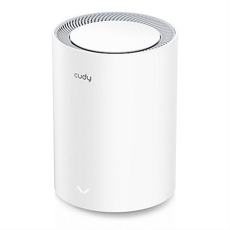 Weißer, zylinderförmiger WLAN-Router von Cudy mit einer Leuchtanzeige an der Unterseite.