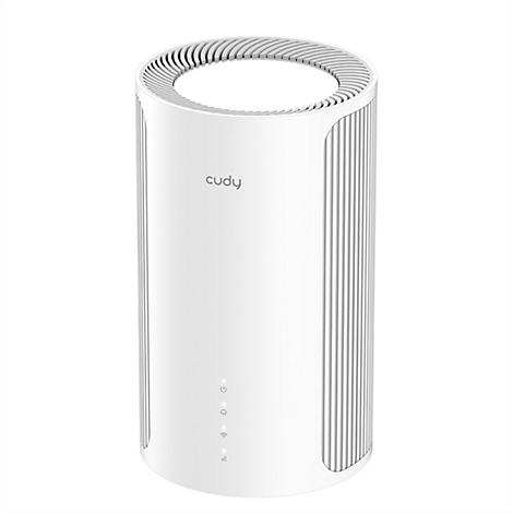 Weißer, zylindrischer Cudy WLAN-Router mit gerippten Seiten und Status-LEDs auf der Vorderseite.