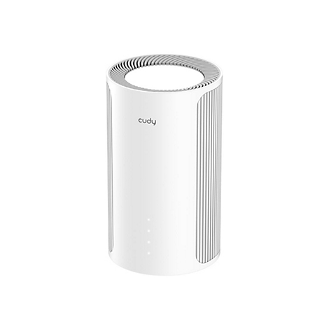 Weißer, zylindrischer Cudy-Router vor weißem Hintergrund mit dezenten vertikalen Rillen.