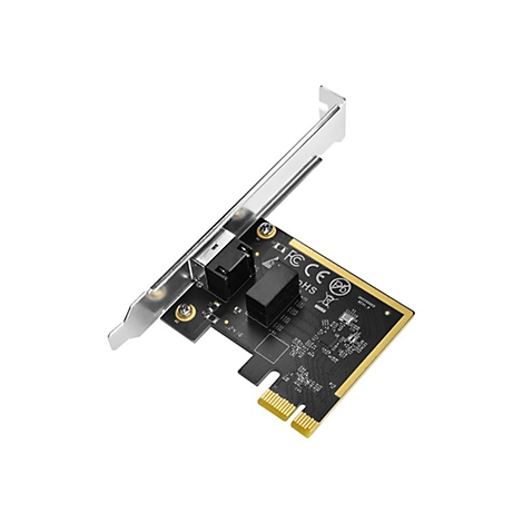 Schwarze PCIe-Netzwerkkarte mit silbernem Slot-Blech und einem einzelnen RJ45-Port auf weißem Hintergrund.