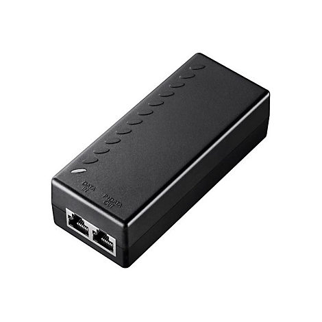 Schwarzer PoE-Injektor in rechteckiger Form mit zwei Ethernet-Anschlüssen und Beschriftung DATA IN sowie P+DATA OUT.