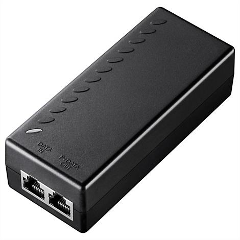 Schwarzer PoE-Injektor in rechteckiger Form mit zwei RJ45-Anschlüssen und beschrifteten Data-In/Out-Ports.
