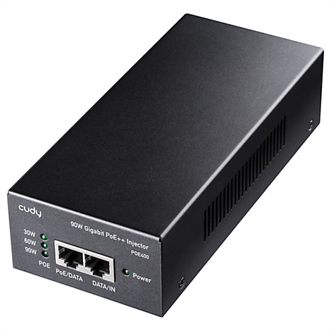 Schwarzer 90W Gigabit PoE++ Injektor der Marke Cudy mit Status-LEDs und zwei Netzwerkanschlüssen.