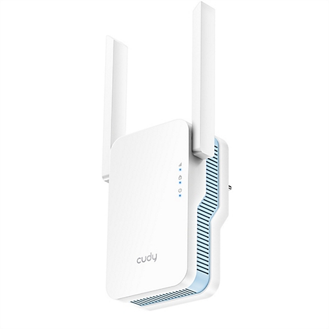 Weißer Cudy WLAN-Repeater mit zwei Antennen und leuchtenden blauen Status-LEDs vor neutralem Hintergrund.