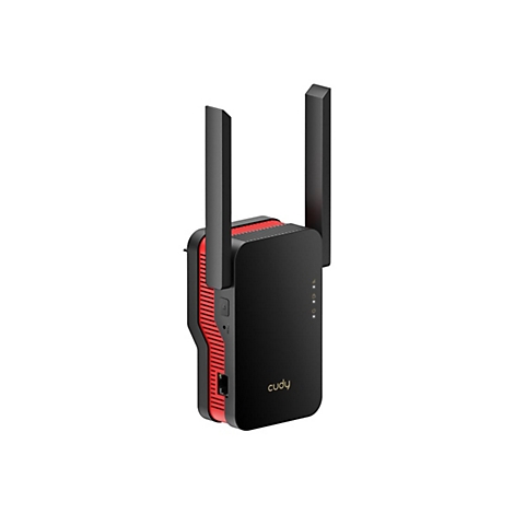Schwarzer Cudy WLAN-Repeater mit zwei Antennen und rotem Seitenakzent vor weißem Hintergrund.