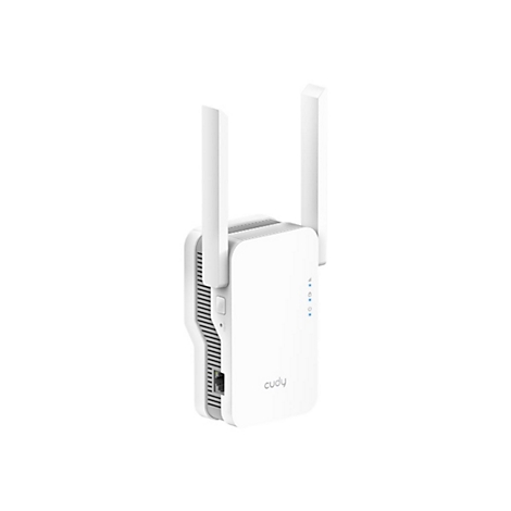 Weißer Cudy WLAN-Repeater mit zwei externen Antennen und leuchtenden Status-LEDs auf weißem Grund.