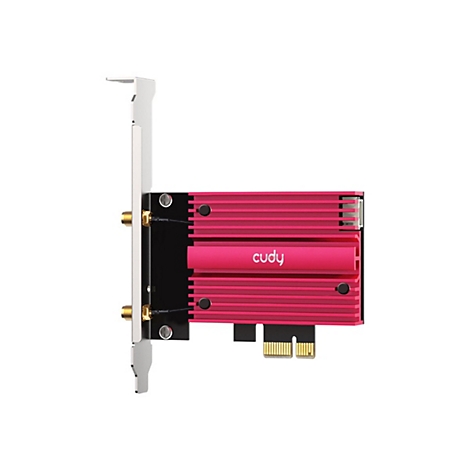 Eine Cudy WLAN-Netzwerkkarte mit leuchtend rotem Kühlkörper auf schwarzem PCB vor weißem Hintergrund.