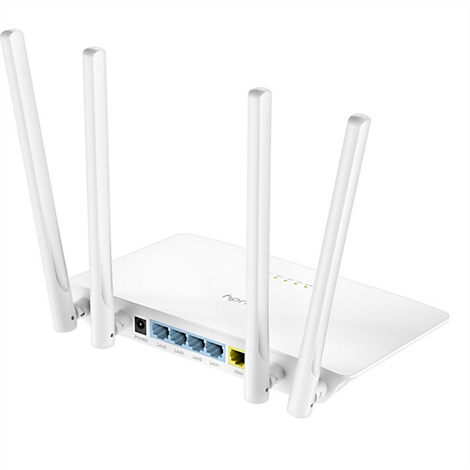 Weißer WLAN-Router mit vier externen Antennen und rückseitigen LAN- und WAN-Anschlüssen.