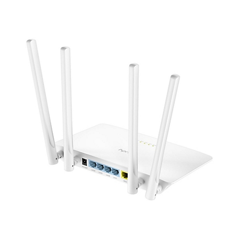 Weißer WLAN-Router mit vier externen Antennen, Blick auf die Rückseite mit LAN- und WAN-Anschlüssen.