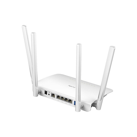 Weißer Cudy-WLAN-Router mit vier Antennen vor weißem Hintergrund, Rückansicht mit verschiedenen Anschlüssen.