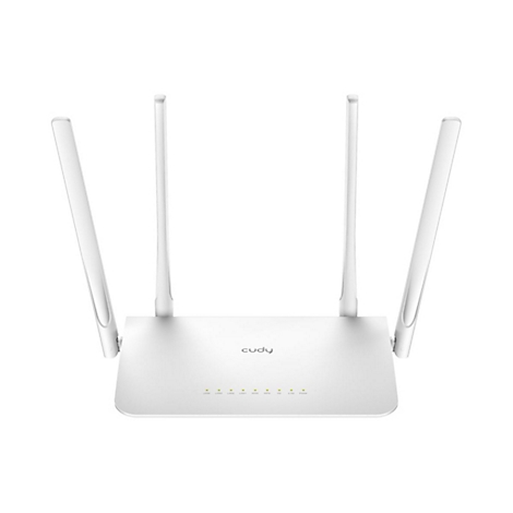 Weißer Cudy WLAN-Router mit vier langen Antennen und Status-LEDs auf der Oberseite vor weißem Hintergrund.