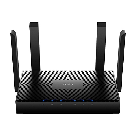 Schwarzer WLAN-Router mit vier Antennen. Auf der Oberseite steht der Schriftzug cudy. Blaue LEDs leuchten auf der Vorderseite.