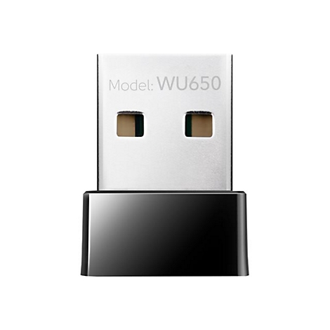 Kompakter, silberner USB-WLAN-Adapter mit schwarzem Gehäuseteil und Aufschrift Model: WU650.