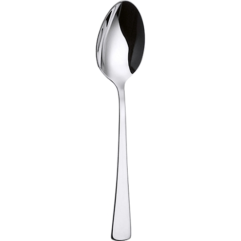 Louche à soupe argentée polie, posée sur fond blanc.